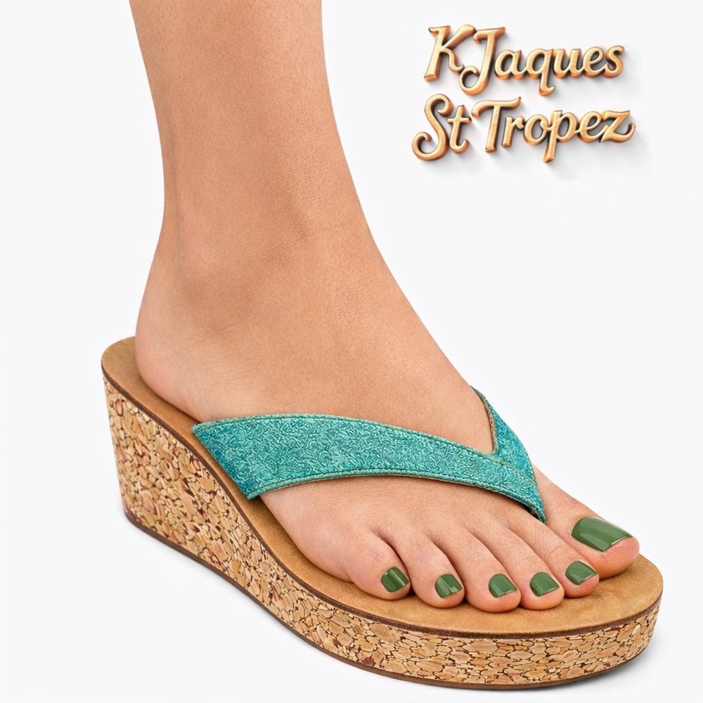 KJacques St Tropez Green Leather Cork Wedge Mule Sandals EU 38 US 7.5